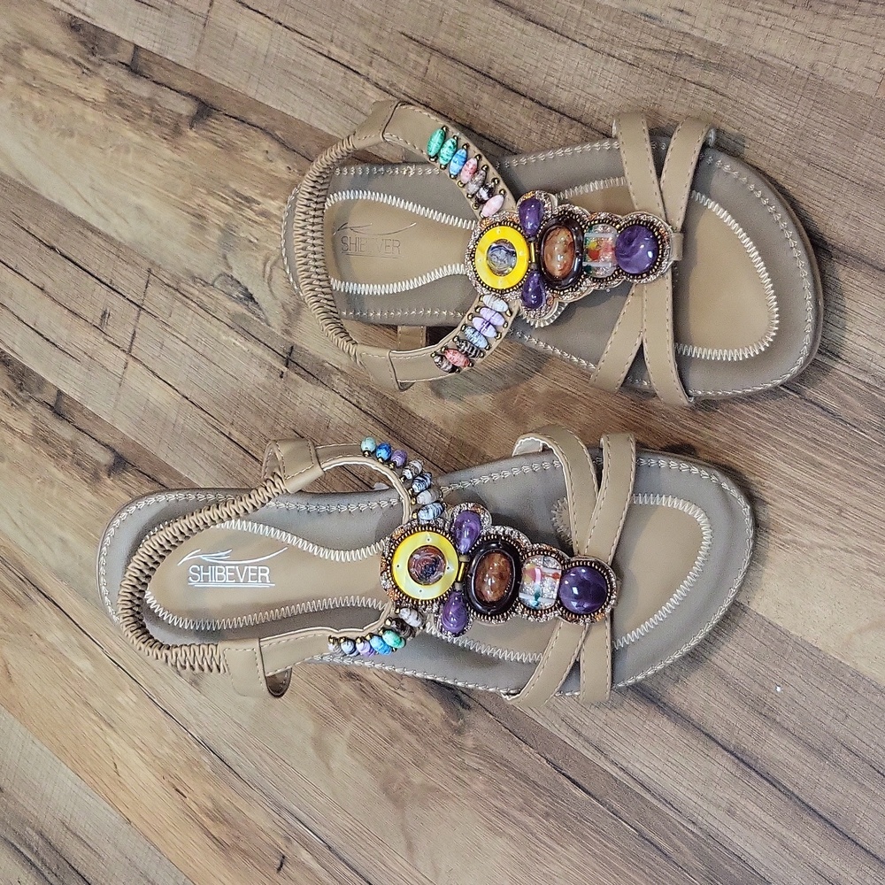 SHIBEVER Tan Bohemian Beaded Slip On Sandal